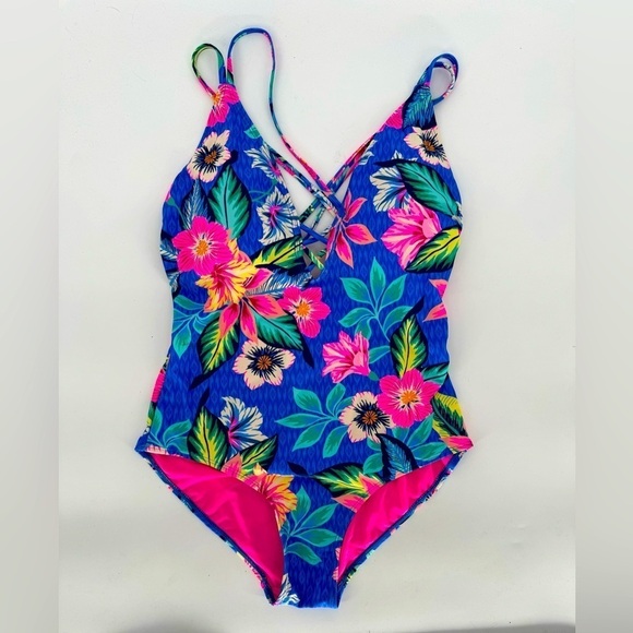 Accessorize One Piece Neon Floral Swimsuit Size 10 - Picture 1 of 9